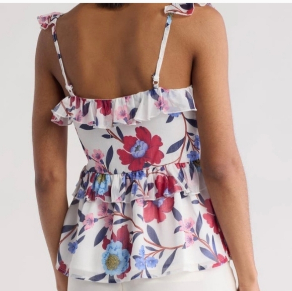 French Connection Womens Cami Top Sz 4 Aden Lurex Frill Ruffle Adj Straps Floral - Picture 3 of 13